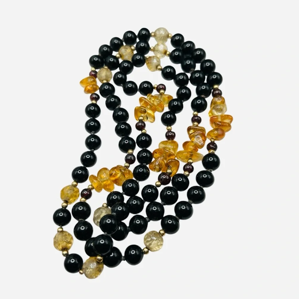 Vintage Black Onyx Citrine Garnet and 14K Gold Bead Long Necklace